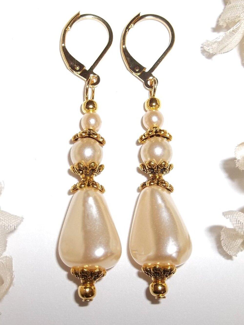 Faux Cream Pearl Earring Gold Dangle Handmade Fashion Jewelry Gift Idea D897